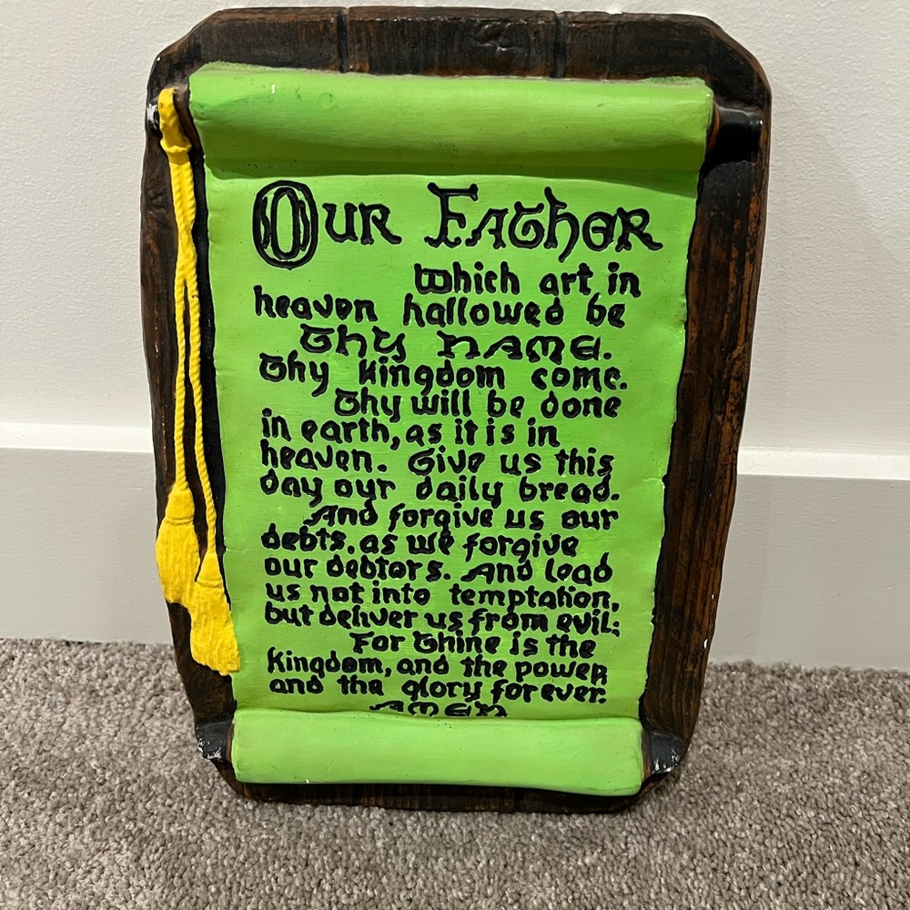 The Lord’s Prayer Chalkware Wall Decoration Green Scroll Yellow Tassle 13.5x9.5